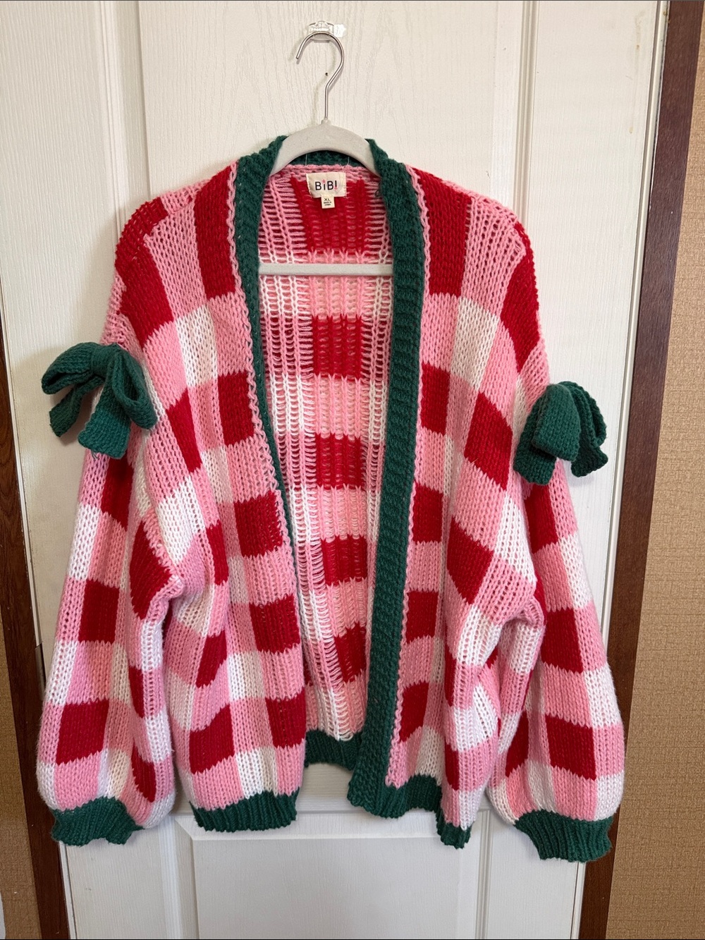 BiBi Pink & Red Check Knit Cardigan with Green Trim and Sleeve Bows
